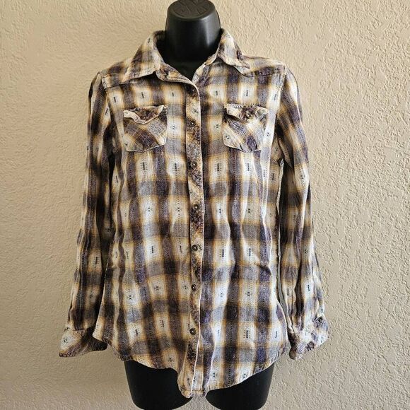 Angie Southwestern Plaid Button-Down Shirt - Picture 1 of 7